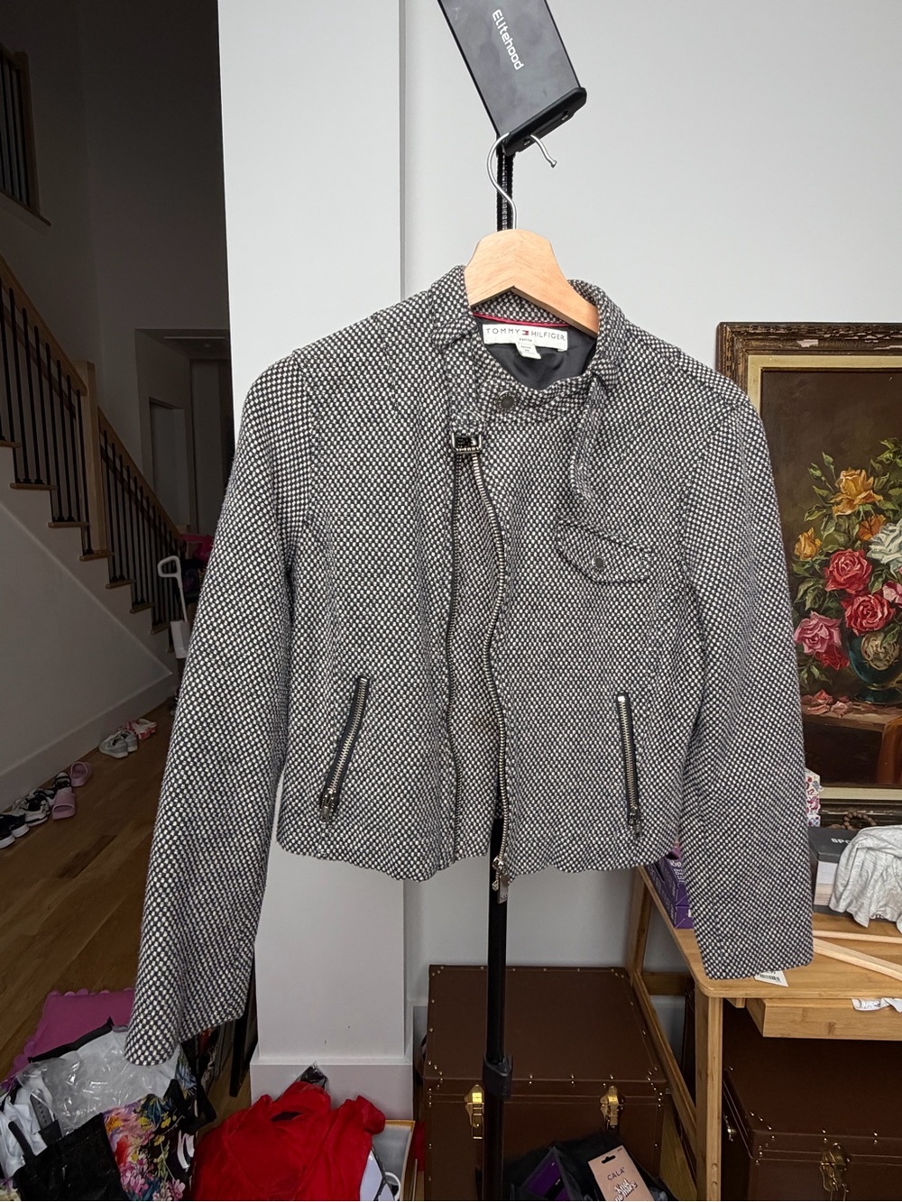 Tommy Hilfiger Black & White Textured Moto Jacket